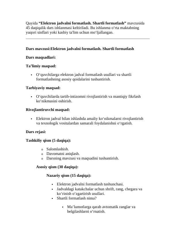 Elektron jadvalni formatlash. Shartli formatlash ( Dars ishlanma )