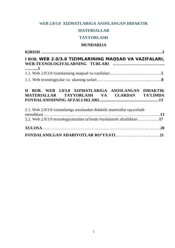 WEB 2.0/3.0 XIZMATLARIGA ASOSLANGAN DIDAKTIK MATERIALLAR