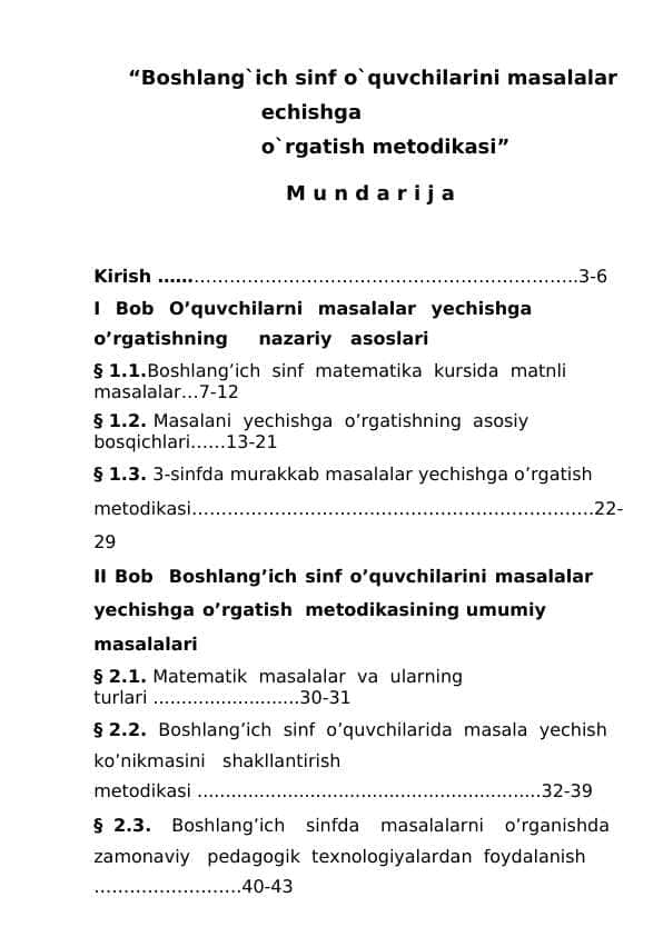 Boshlang`ich sinf o`quvchilarini masalalar echishga o`rgatish metodikasi