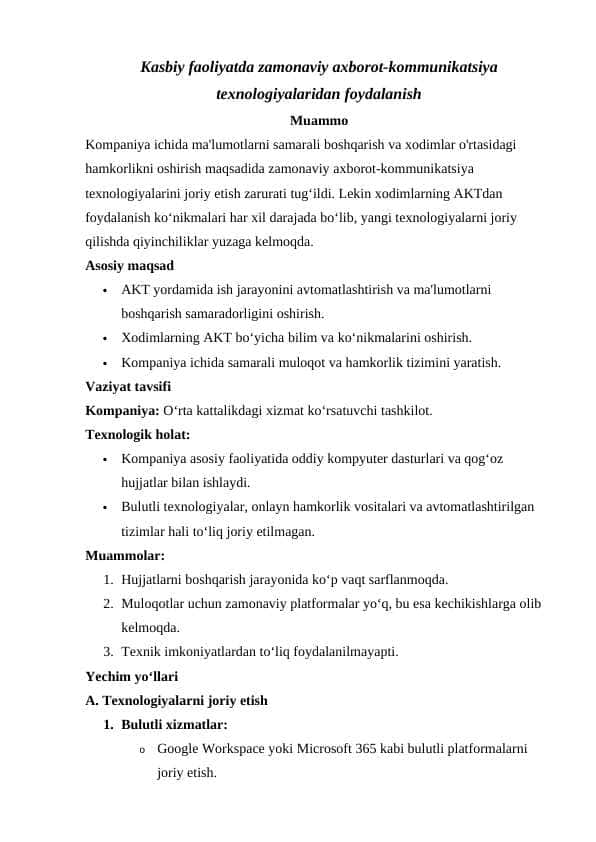 Kasbiy faoliyatda zamonaviy axborot-kommunikatsiya texnologiyalaridan foydalanish