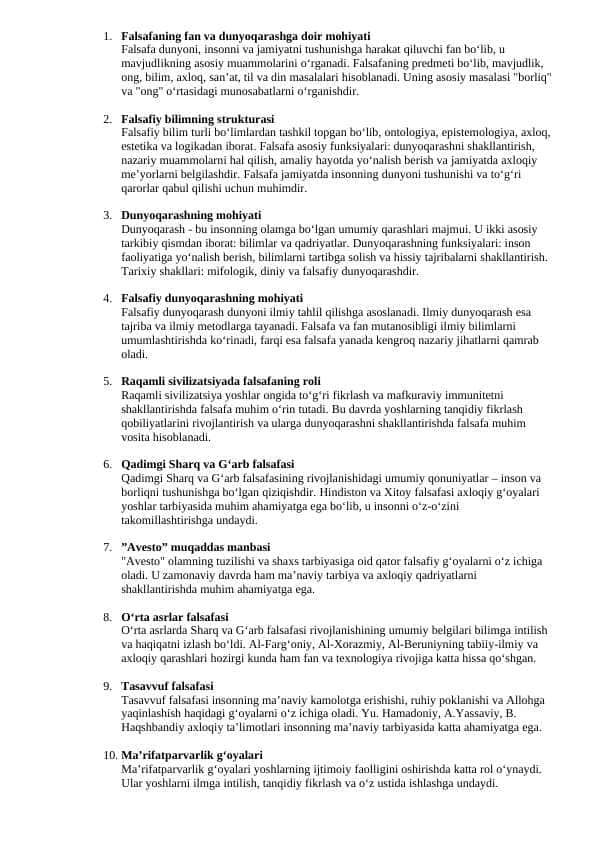 Falsafa fanidan 100 ta savol va javoblari bilan.