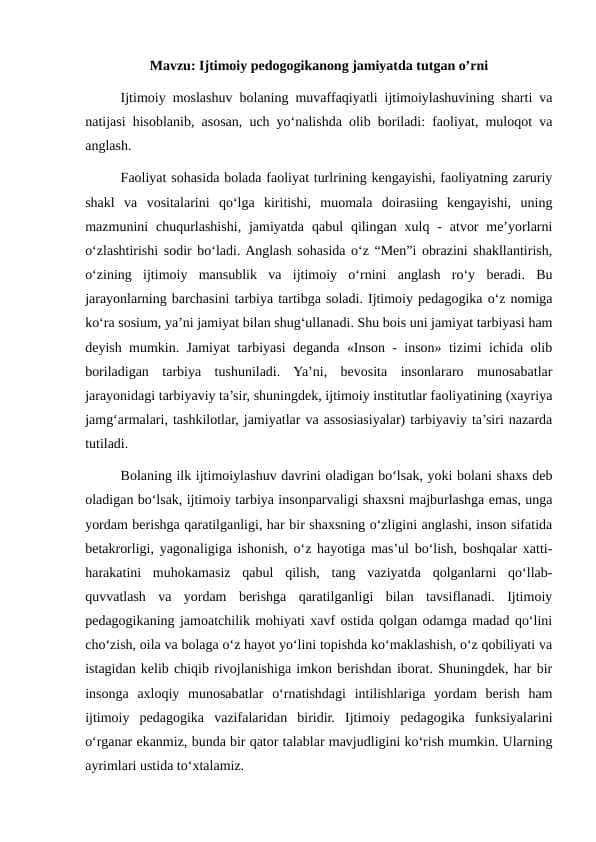 Ijtimoiy pedogogikanong jamiyatda tutgan o’rni konspekt