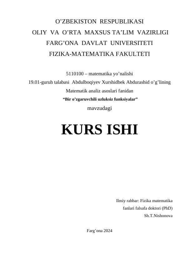 kurs ishi Bir o’zgaruvchili uzluksiz funksiyalar