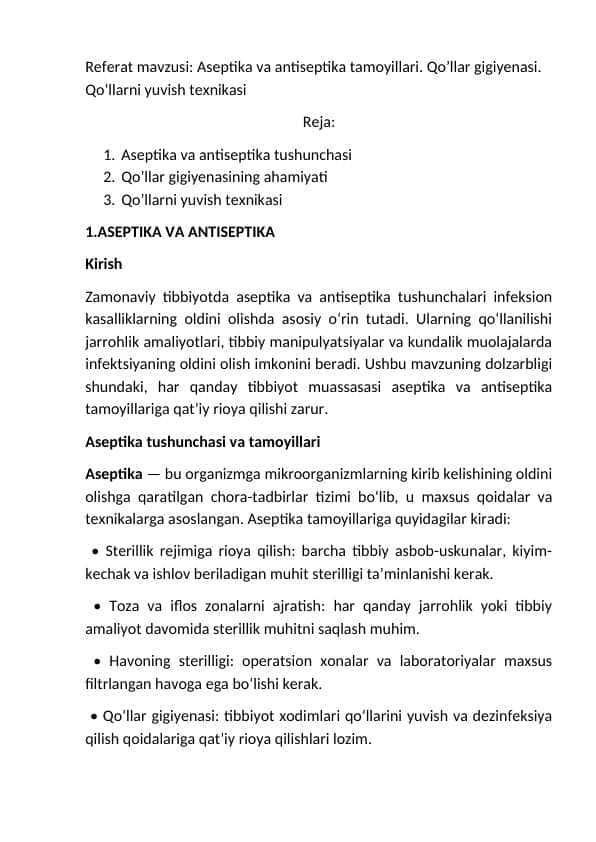 Aseptika va antiseptika tamoyillari. Qo’llar gigiyenasi. Qoʻllarni yuvish texnikasi