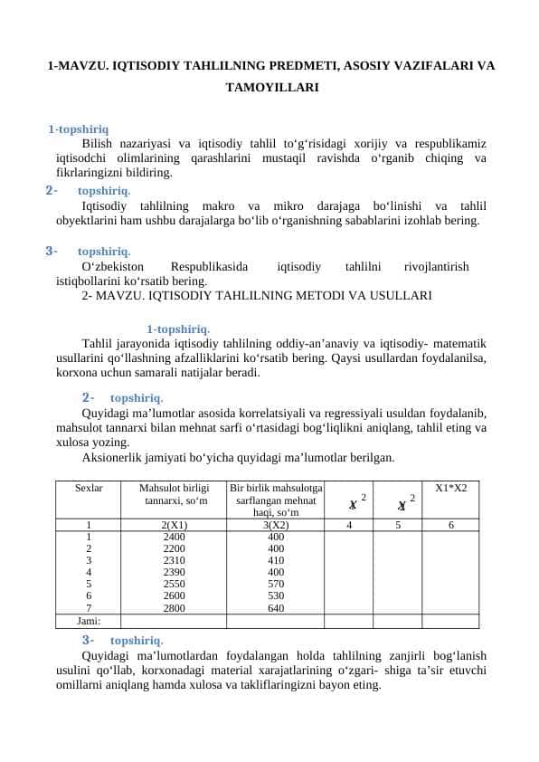 iqtisodiy tahlil fanidan har bir paragriflar yuzasidan amaliy ishlanma