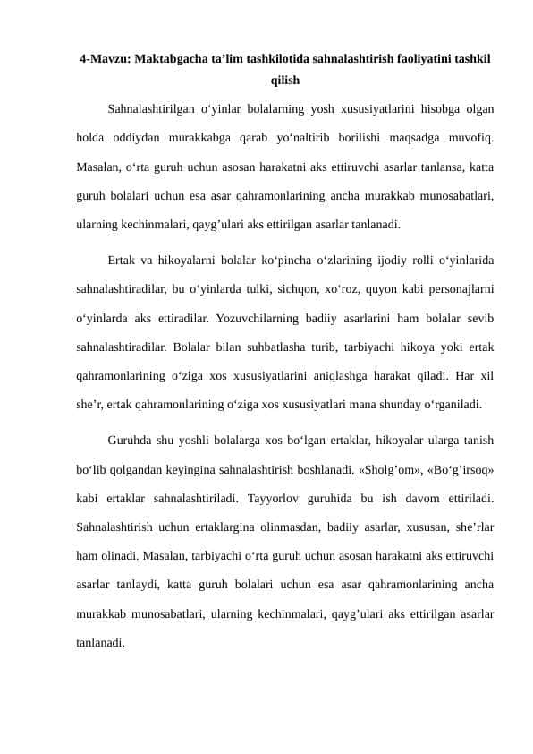 Maktabgacha ta’lim tashkilotida sahnalashtirish faoliyatini tashkil qilish konspekt