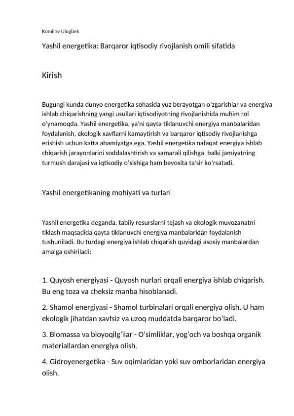 Yashil iqtisodiyot referat
