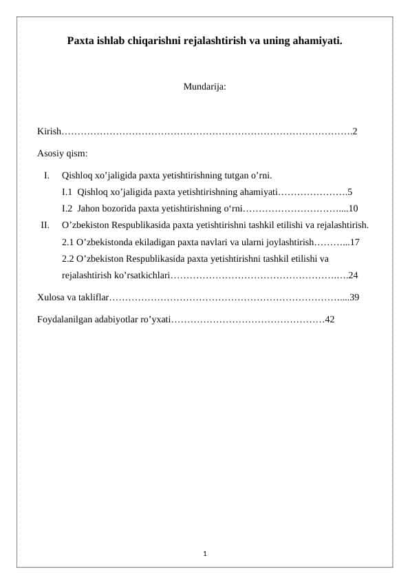 Paxta ishlab chiqarishni rejalashtirish va uning ahamiyati