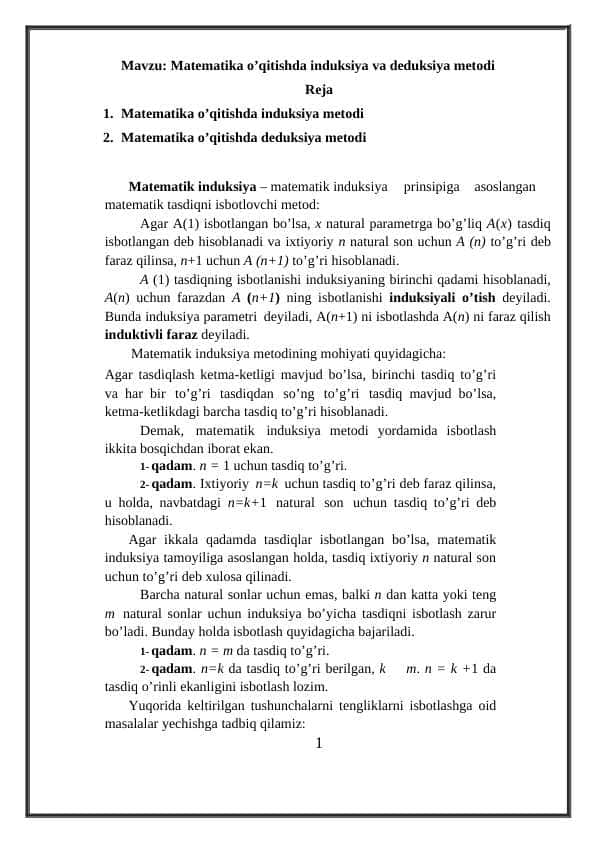 Matematika o’qitishda induksiya va deduksiya metodi