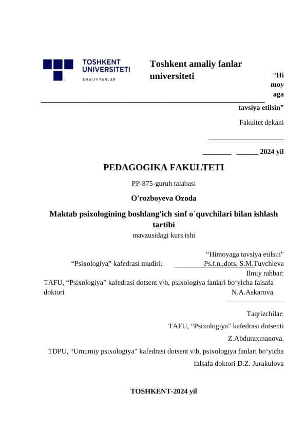 Maktab psixologining boshlang'ich sinf oquvcilari bn ishlash tartibikurs ishi
