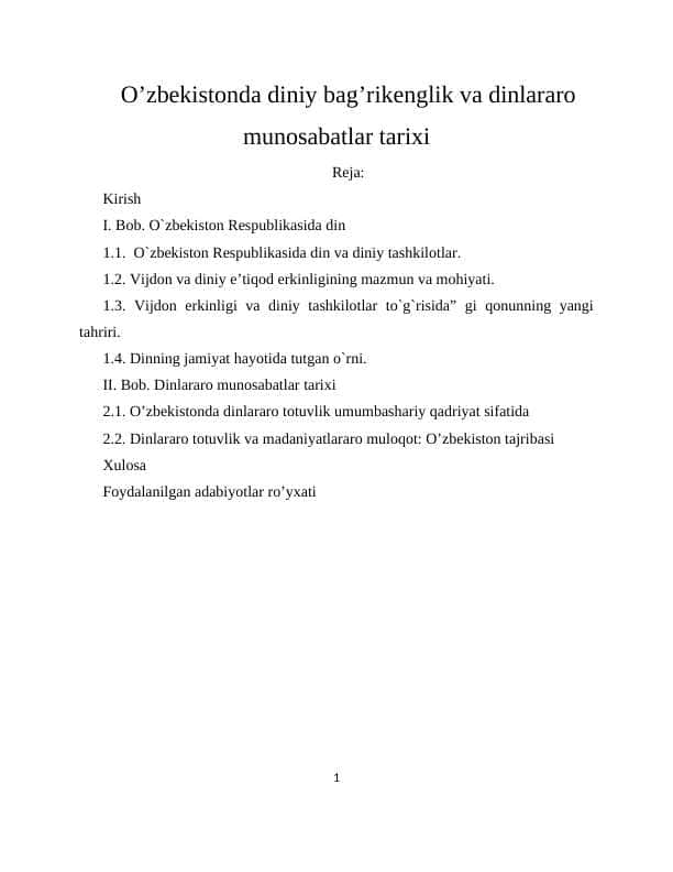 O'zbekistonda diniy bag'rikenglik va dinlararo munosabatlar