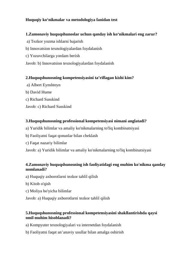 Huquqiy ko‘nikmalar va metodologiya fanidan test
