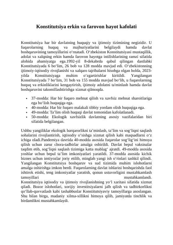 Konstitutsiya erkin va farovon hayot kafolati