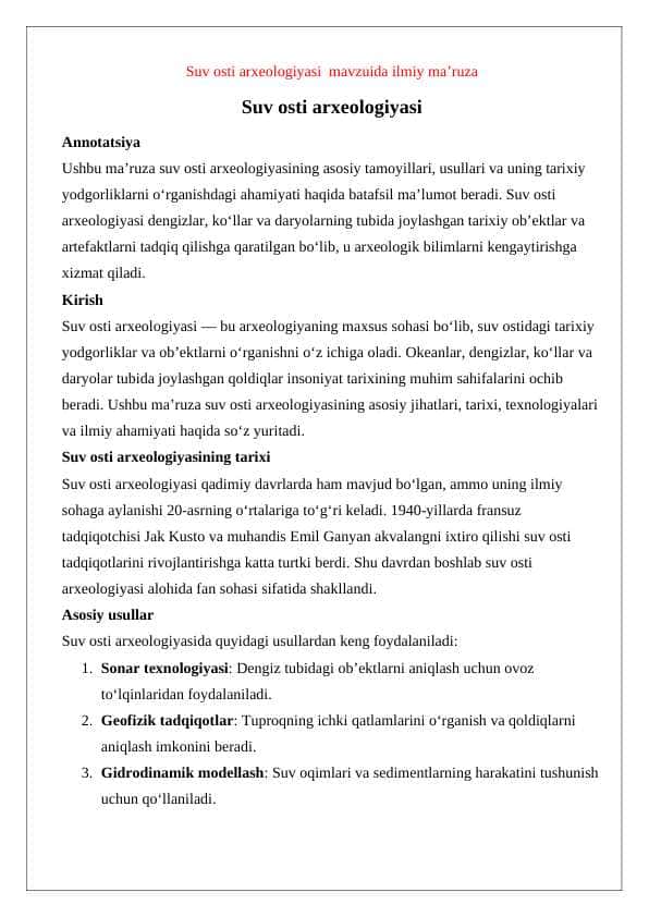 Suv osti arxeologiyasi mavzuida ilmiy ma’ruza