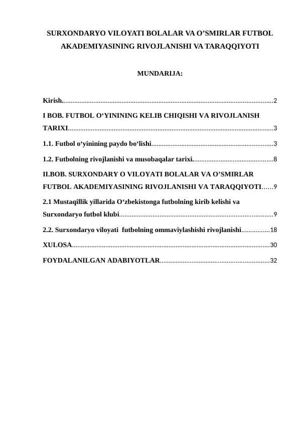 SURXONDARYO VILOYATI BOLALAR VA O’SMIRLAR FUTBOL AKADEMIYASINING RIVOJLANISHI VA TARAQQIYOTI