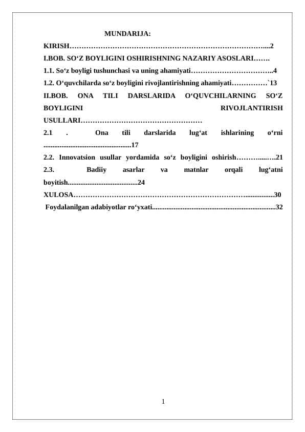 ONA TILI DARSLARIDA O‘QUVCHILARNING SO‘Z BOYLIGINI RIVOJLANTIRISH USULLARI