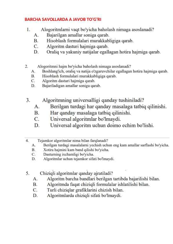 Algoritm loyhalash fanidan yakuniy baza savollari 2-kurs TATU.