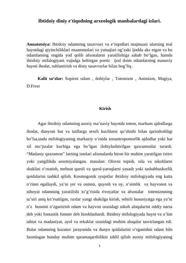 Ibtidoiy diniy e'tiqodning arxeologik manbalardagi izlari.