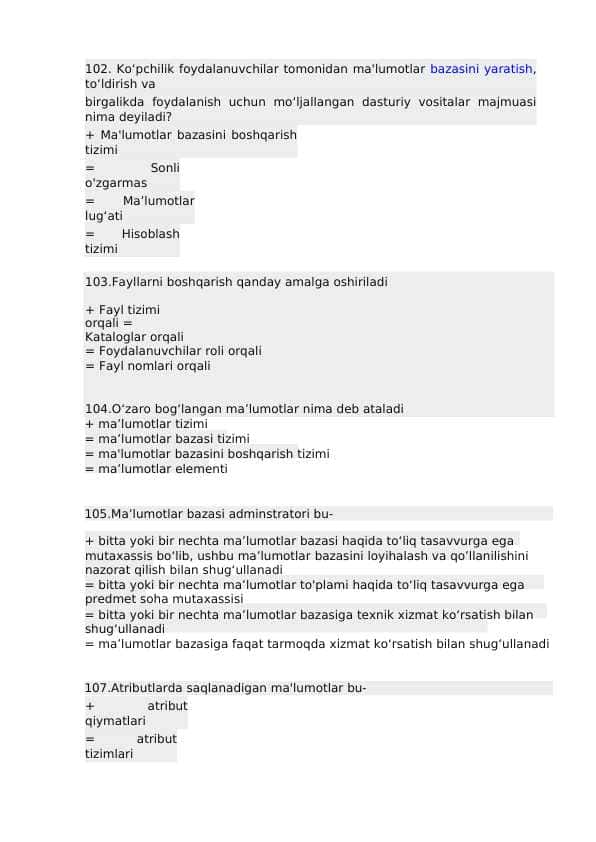 Ma'lumotlar bazasi 2 fanidan yakuniy baza testi 2-kurs TATU.