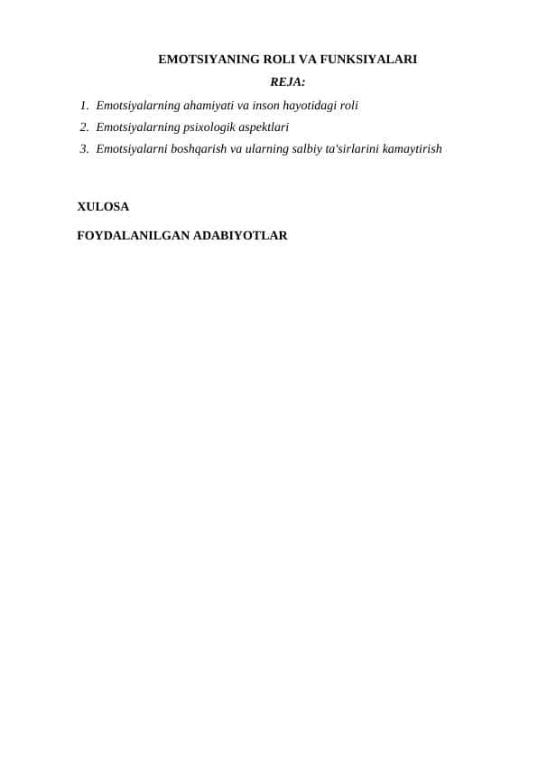 EMOTSIYANING ROLI VA FUNKSIYALARI