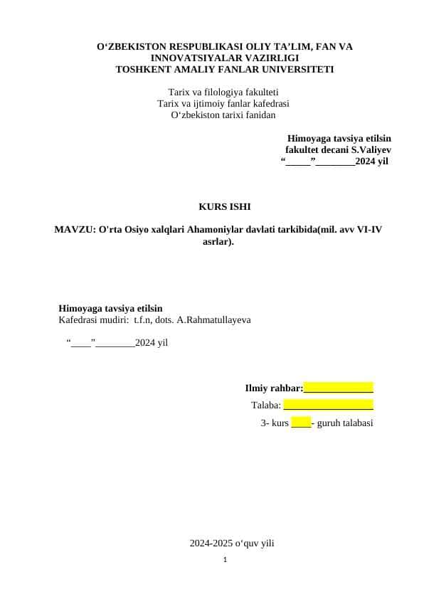 O'rta Osiyo xalqlari Ahamoniylar davlati tarkibida(mil. avv VI-IV asrlar).