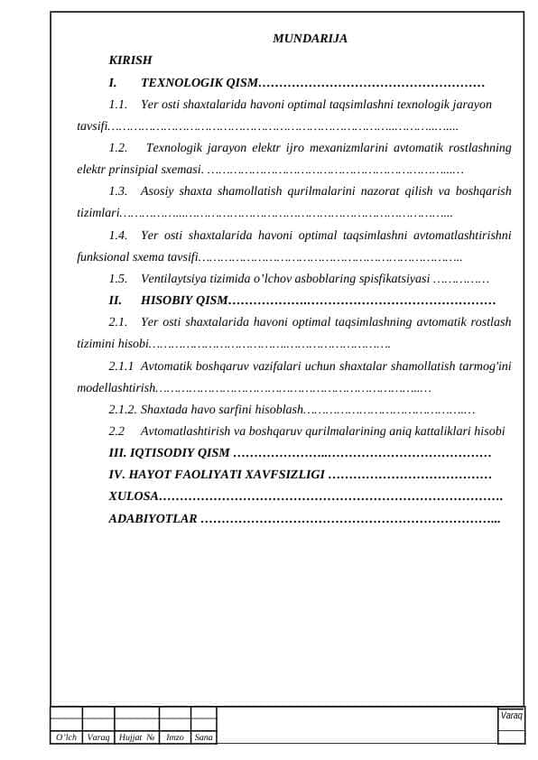 Yer osti shaxtalarida havoni optimal taqsimlashni avtomatlashtirish