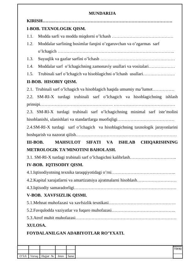 Turbinali sarf o‘lchagich va hisoblagichni tahlil qilish va o‘rganish