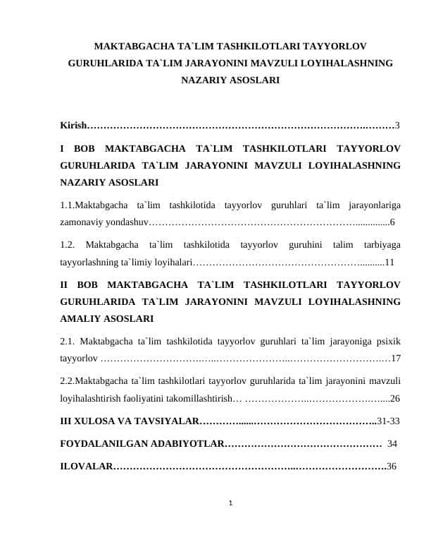 AKTABGACHA TA`LIM TASHKILOTLARI TAYYORLOV GURUHLARIDA TA`LIM JARAYONINI MAVZULI LOYIHALASHNING NAZARIY ASOSLARI