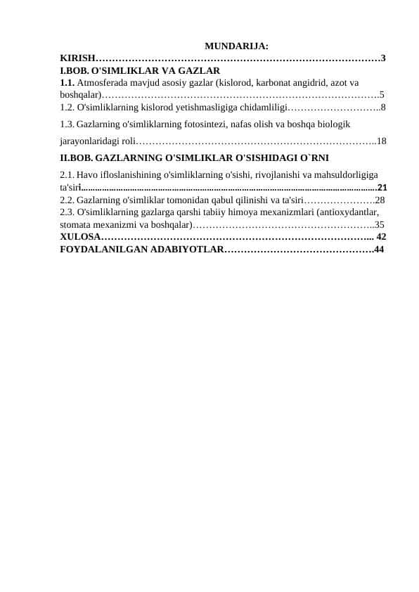 O`simliklarning gazlarga chidamliligi