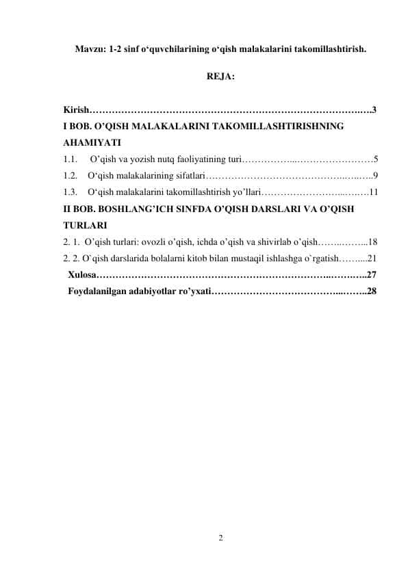 1-2 sinf oʻquvchilarining oʻqish malakalarini takomillashtirish.