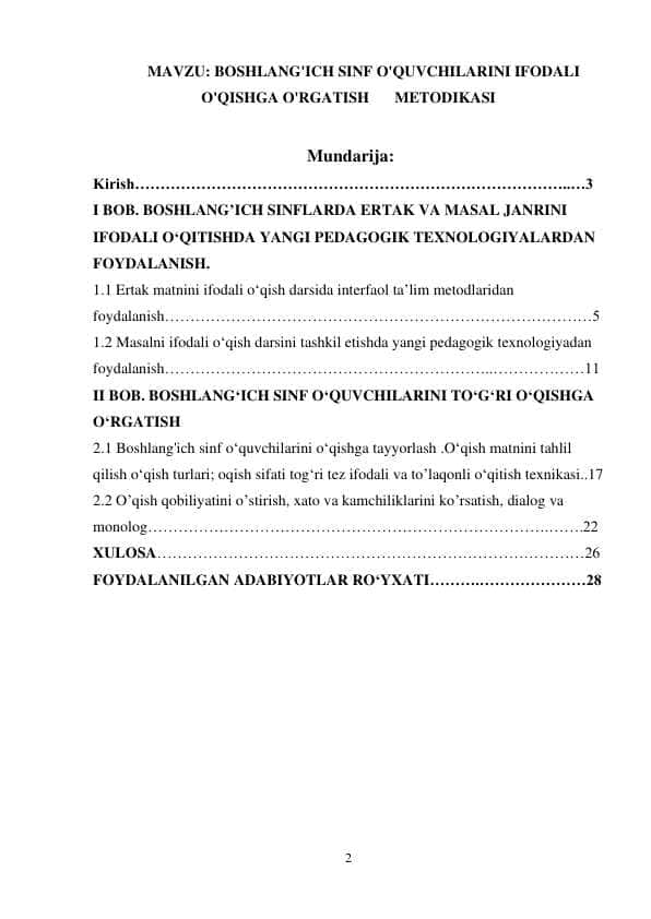 BOSHLANG'ICH SINF O'QUVCHILARINI IFODALI O'QISHGA O'RGATISH METODIKASI