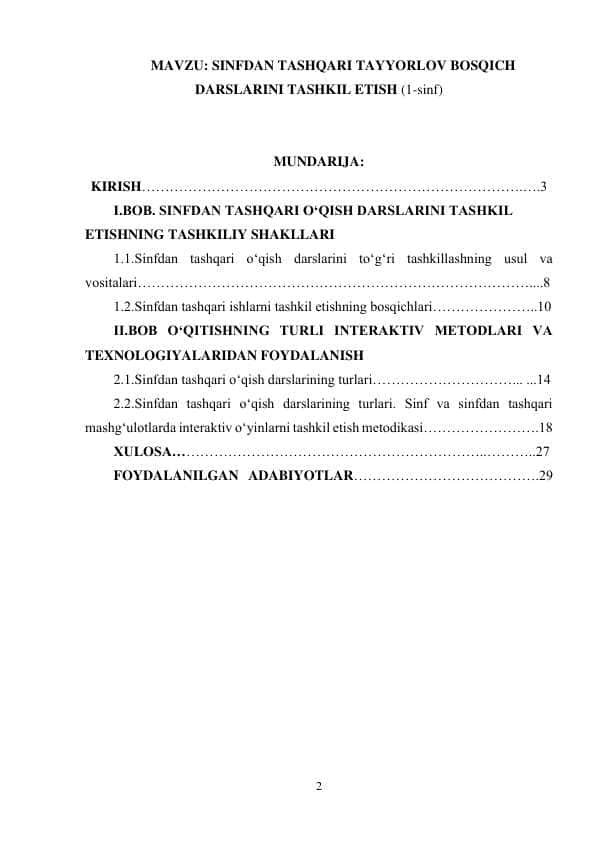 SINFDAN TASHQARI TAYYORLOV BOSQICH DARSLARINI TASHKIL ETISH (1-sinf)