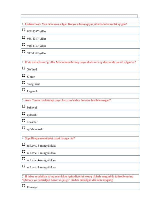Tarix fanidan test (40 talik)