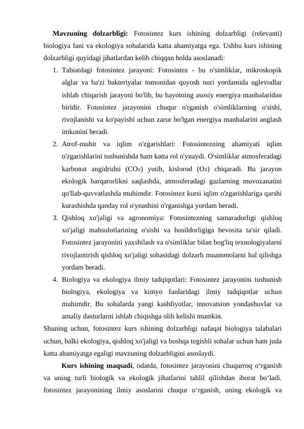 Fotosintez intensevligiga tashqi muhit omillarining ta'sirini aniqlash