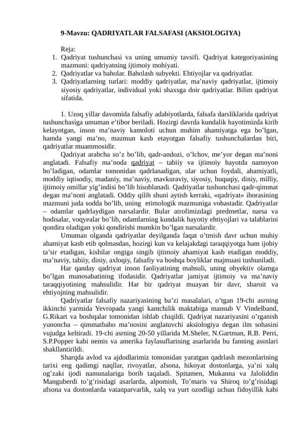 QADRIYATLAR FALSAFASI (AKSIOLOGIYA)