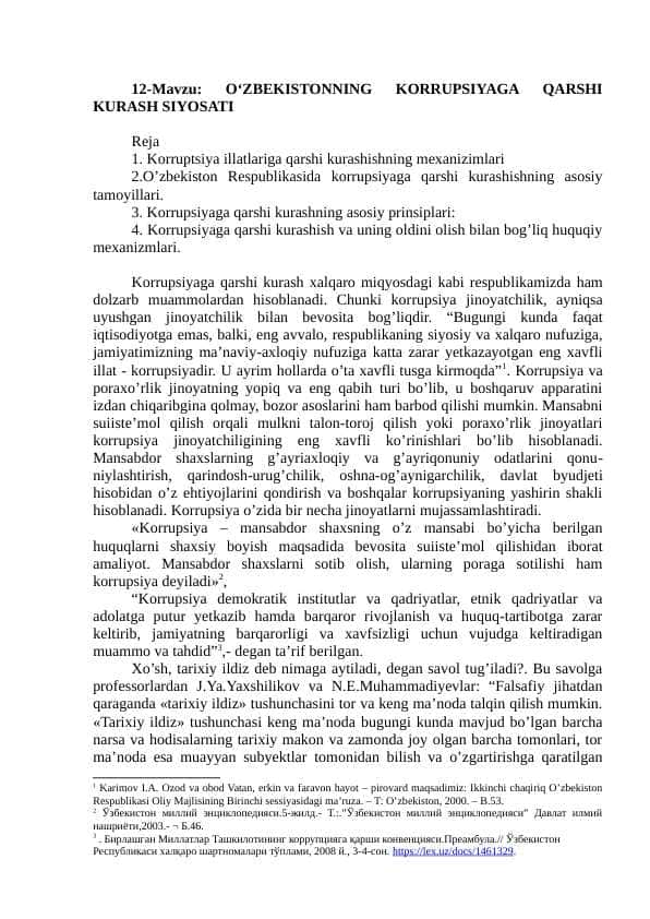 O‘ZBEKISTONNING KORRUPSIYAGA QARSHI KURASH SIYOSATI