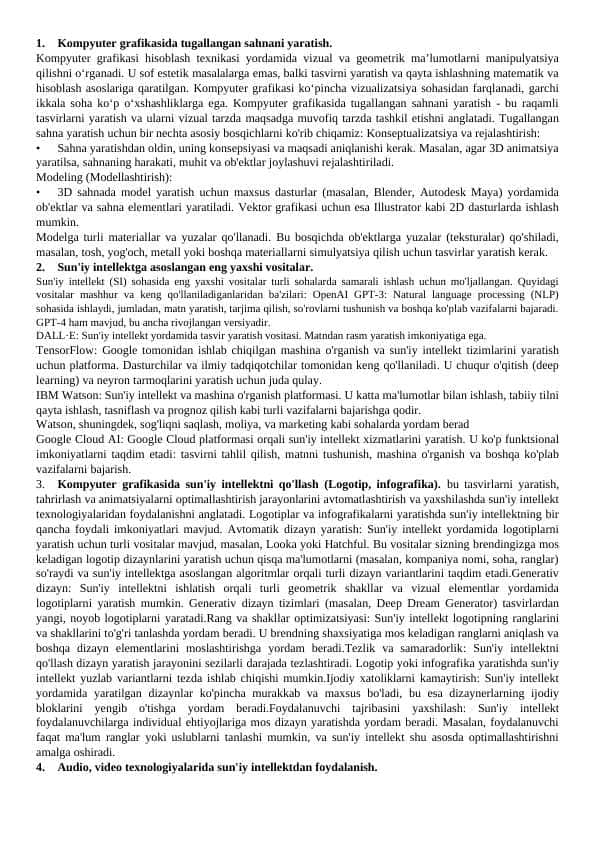 Kompyuter grafikasi savollar javoblari bilan