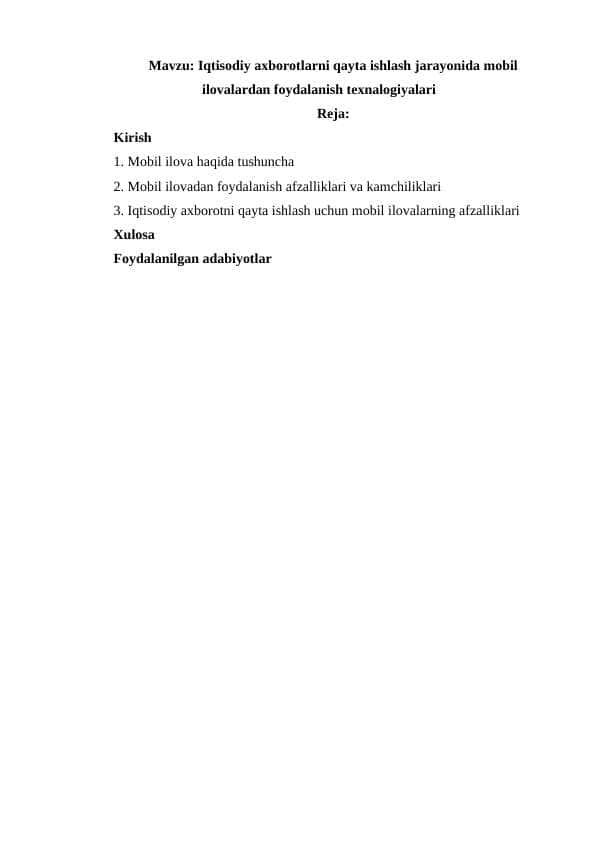 Iqtisodiy axborotlarni qayta ishlash jarayonida mobil ilovalardan foydalanish texnalogiyalari