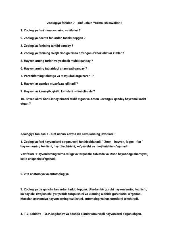 Zoologiya fanidan 7-sinf uchun yozma nazorat ishi savollari / javoblari bilan