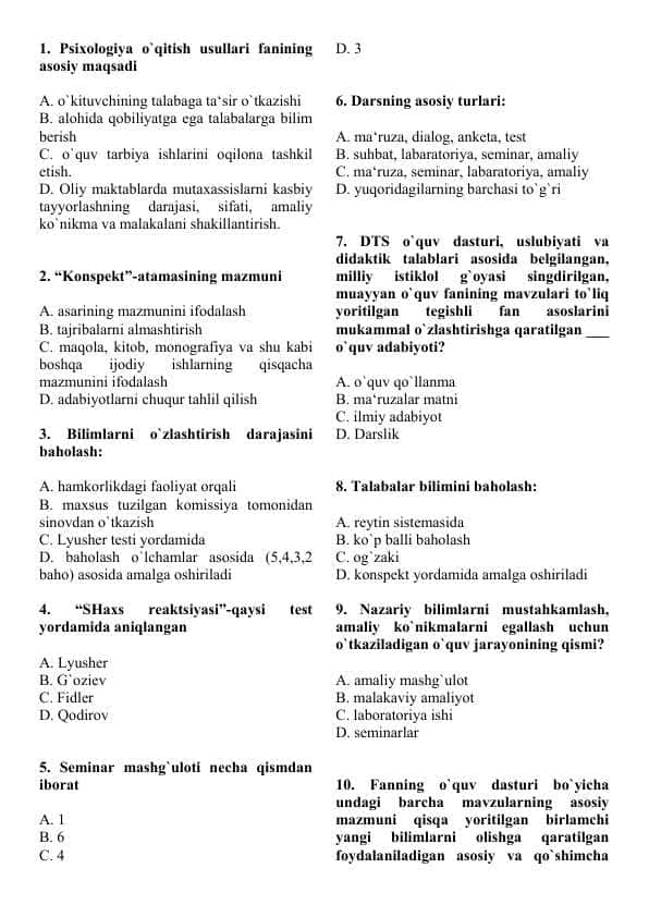 Psixologiya faniga oid 15ta test