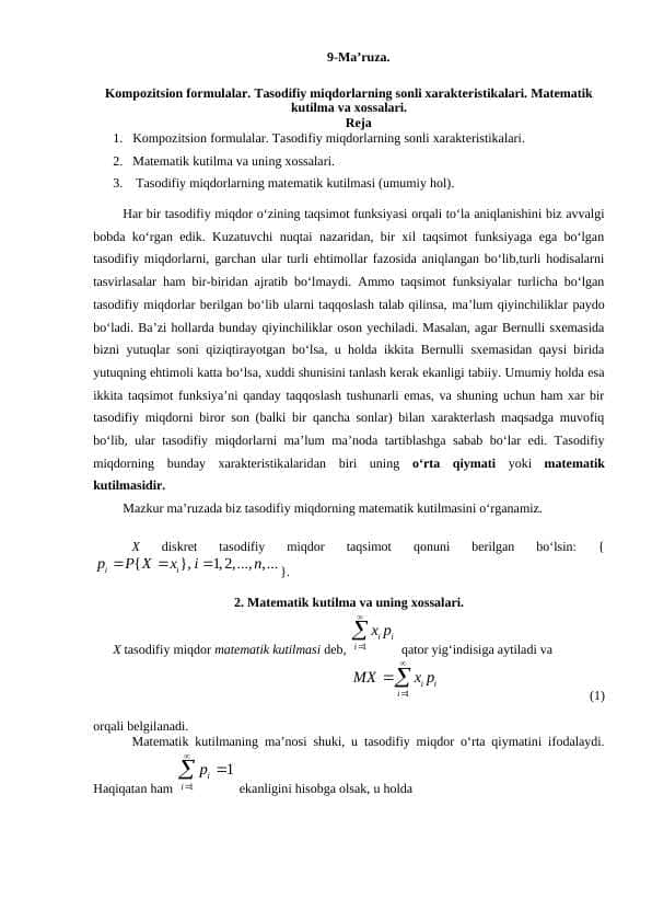 Kompozitsion formulalar. Tasоdifiy miqdоrlarning sоnli хaraktеristikalari. Matеmatik kutilma va хоssalari