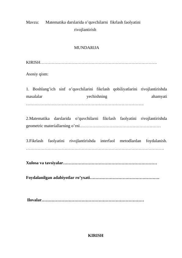 Mavzu: Matematika darslarida o’quvchilarni fikrlash faolyatini rivojlantirish