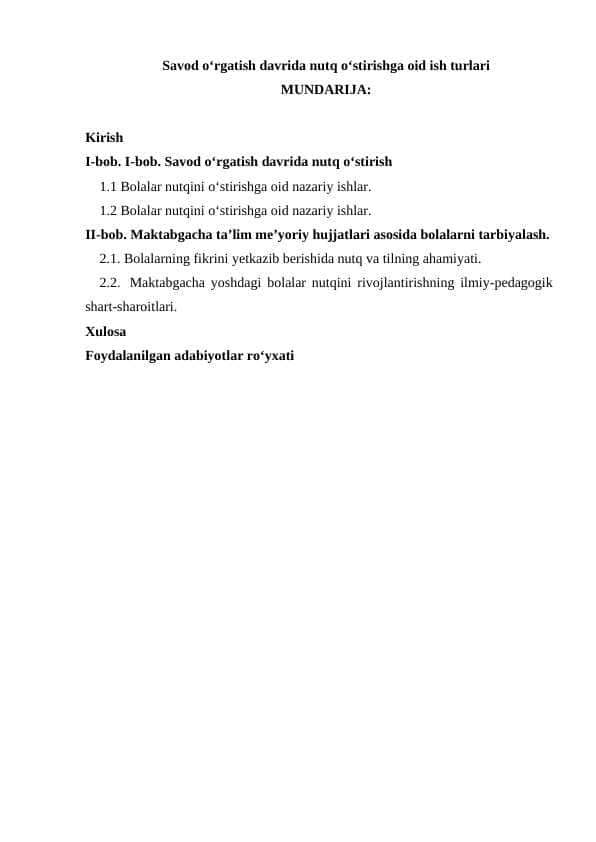 Savod o‘rgatish davrida nutq o‘stirishga oid ish turlari