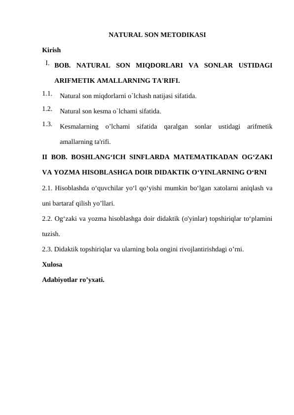 Kеsmalarning o’lchami sifatida qaralgan sonlar ustidagi arifmеtik amallarning ta'rifi. natural son metodikasi