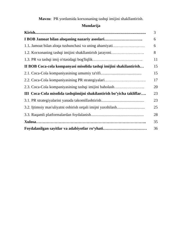 Jamoat bilan aloqa yordamida korxonaning tashqi imijini shakllantirish.