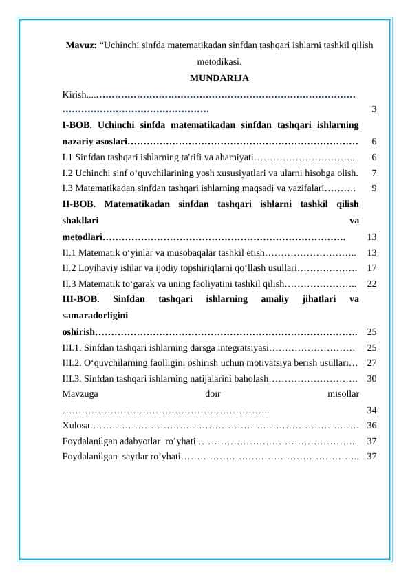 “Uchinchi sinfda matematikadan sinfdan tashqari ishlarni tashkil qilish metodikasi.