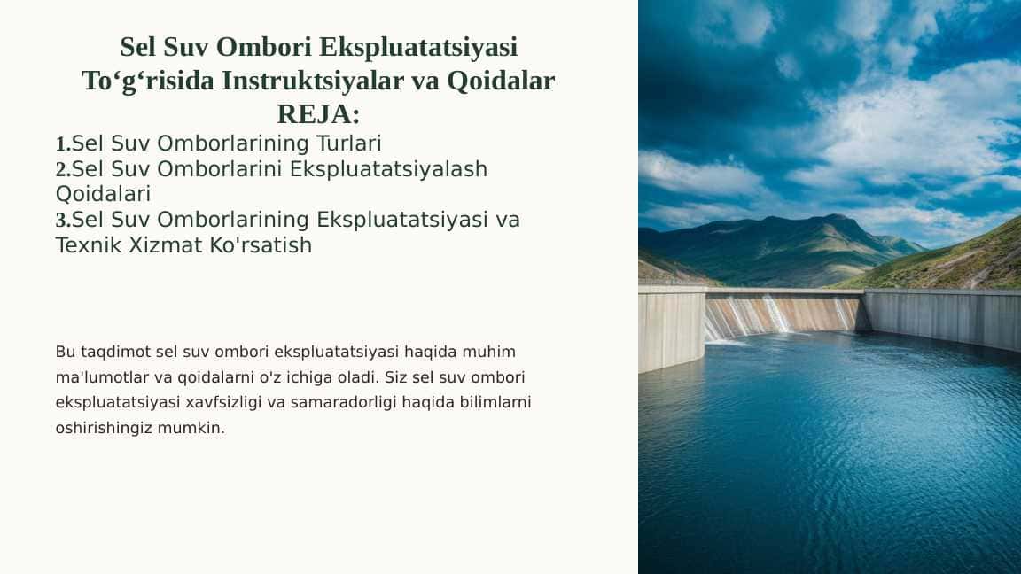 Sel Suv Ombori Ekspluatatsiyasi Toʻgʻrisida Instruktsiyalar va Qoidalar