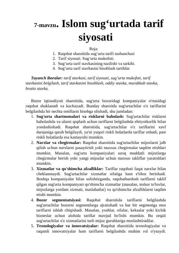 Islom sug‘urtada tarif siyosati