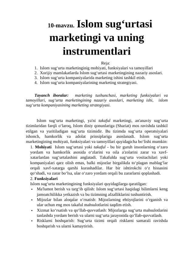 Islom sug‘urtasi marketingi va uning instrumentlari