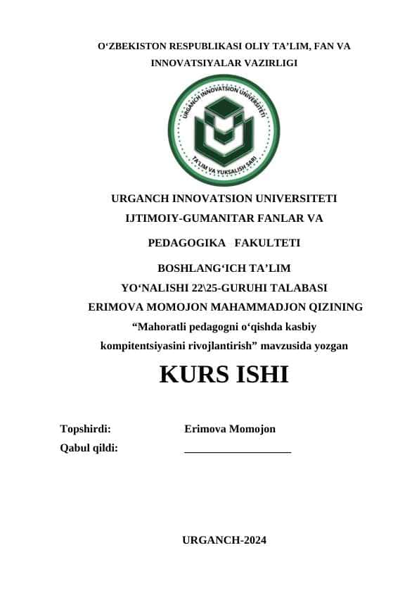 Mahoratli pedagogni o‘qishda kasbiy kompitentsiyasini rivojlantirish